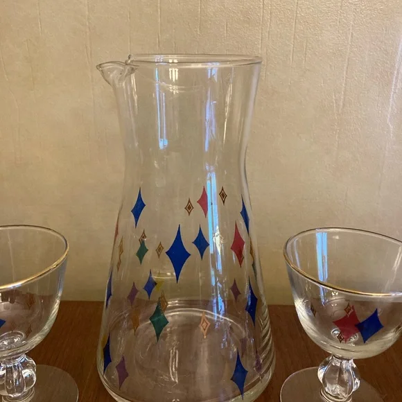 Libby Retro Mid-Century Atomic diamond design Barware set pitcher & 4 glasses